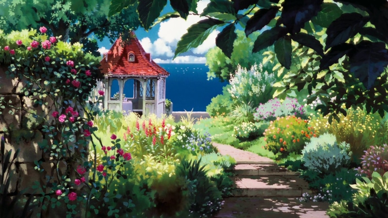 religion, building, flowering plant, nature, outdoors, tree, freshness, place of worship, anime, Kurenai no Buta, growth, 2K, built structure, plant, Studio Ghibli