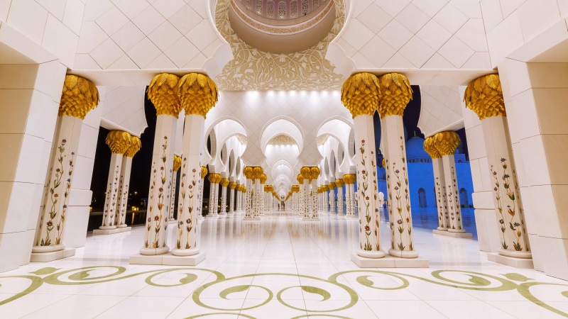 indoors, built structure, arch, uae, gold, luxury, middle-east, lighting equipment, sheikh zayed grand mosque, belief, muslim, spirituality, 5K, pattern