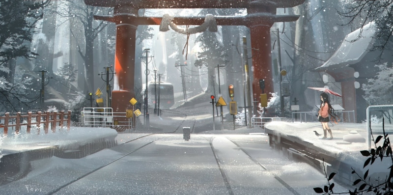 Kimetsu no Yaiba, umbrella, snow, Kamado Nezuko, 1080P, torii, train