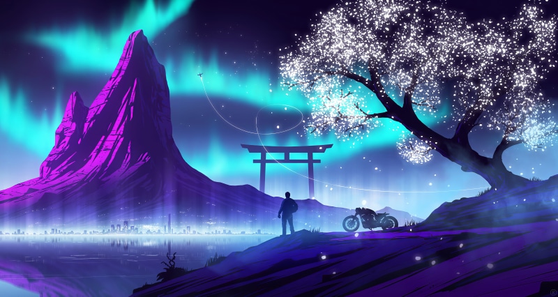 transport, motorcycle, architecture, trees, digital art, 5K, purple, outdoors, Japan, men, sea, sky, torii, violet, aurorae, bikes, biker, nature, mountains