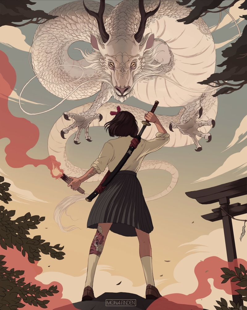 illustration, fantasy art, inked girls, drawing, schoolgirl, 1080P, creature, artwork, anime, Mona Finden, katana, brunette, torches, women, anime girls