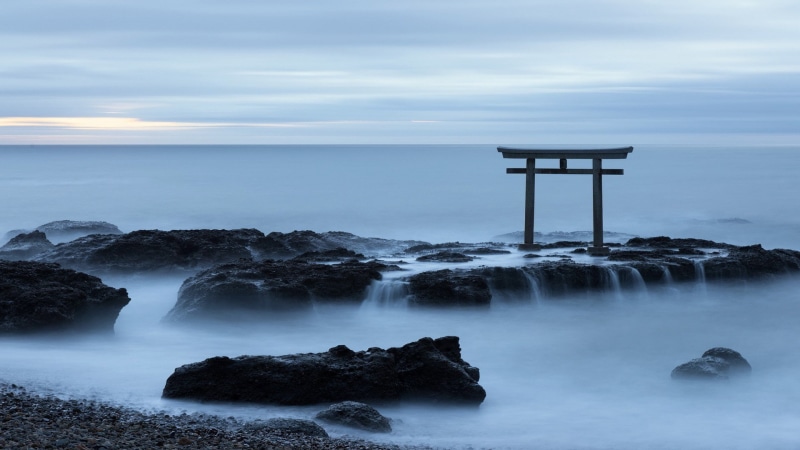 beauty in nature, Japan, torii, horizon over water, sea, 1080P, tranquility, sky, outdoors, long exposure, Japanese, cloud - sky, motion, no people, rock