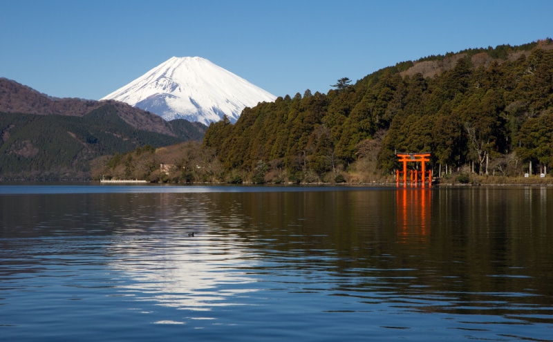 Gate, water, tree, nihon, 5K, Torii, cold temperature, Lake, plant, blue, beauty in nature, Japan, fujisan, lakeashi, Mountain, Asia, mountfuji, sky, snowcapped mountain