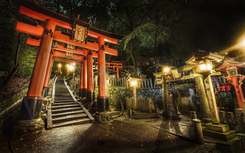 stairways, night, arch, concrete, torii, gate, 2K, kyoto, shrine, japan, cemetery, orange
