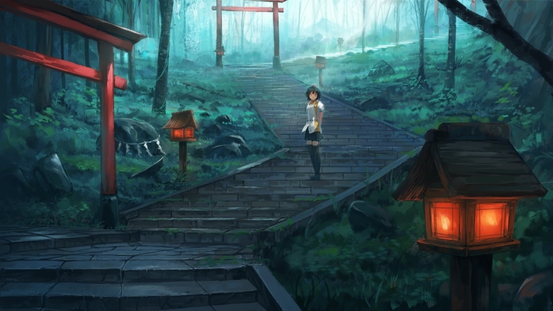 outdoors, nature, electric lamp, touhou, shrine, shameimaru aya, lighting equipment, day, Anime, real people, staircase, one person, tree, stairs, building