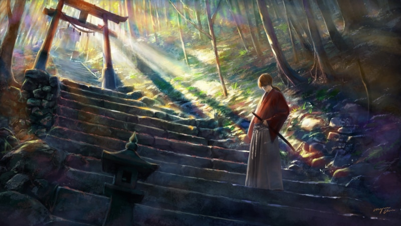 stone, Himura Kenshin, painting, Japanese clothes, samurai, 1080P, digital art, katana, nature, torii, trees, sun rays, hills, stairs, Asian architecture