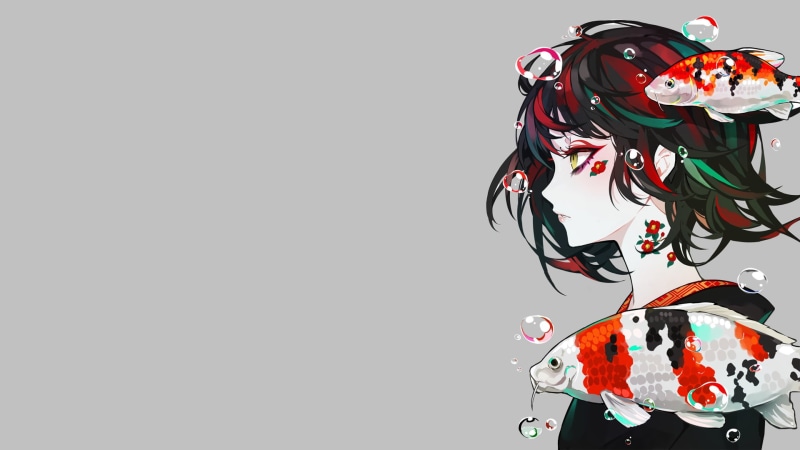 manga, fish, white background, clothing, paint, 1080P, indoors, red, representation, anime girls, gray, gray background, scarf, lifestyles, multi colored