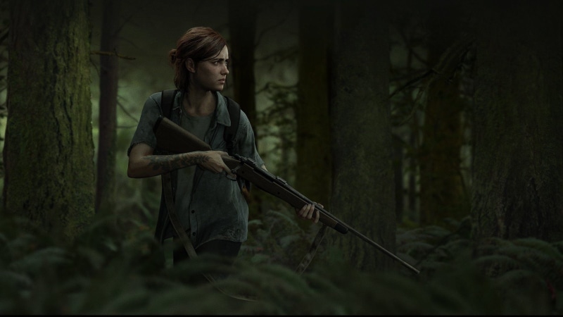 nature, knife - weapon, holding, tree, gray, aggression, Ellie, evil, dark, forest, The Last of Us 2, 1080P, adult, shirt, The Last of Us, looking, warning sign