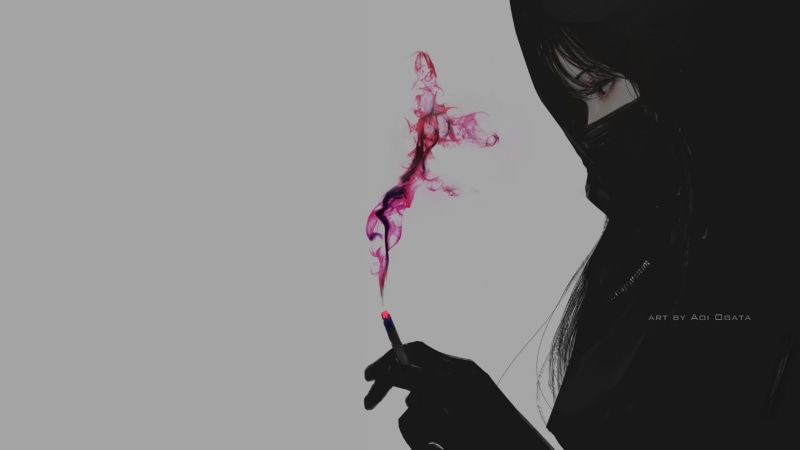 black clothing, smoking, black hair, anime, simple background, 1080P, mask, anime girls, gray background, digital art, artwork, Aoi Ogata, smoke, cigarettes