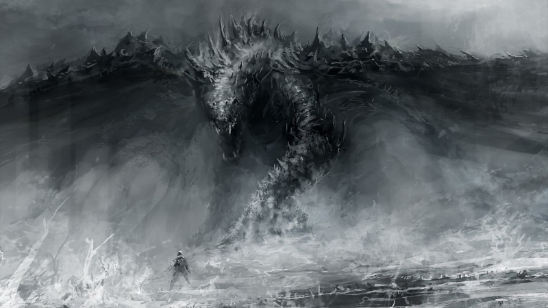 black Color, nature, solid, black And White, mountain, white, dragon, sea, fog, landscape, real people, power, beauty in nature, gray, fantasy art, scenics