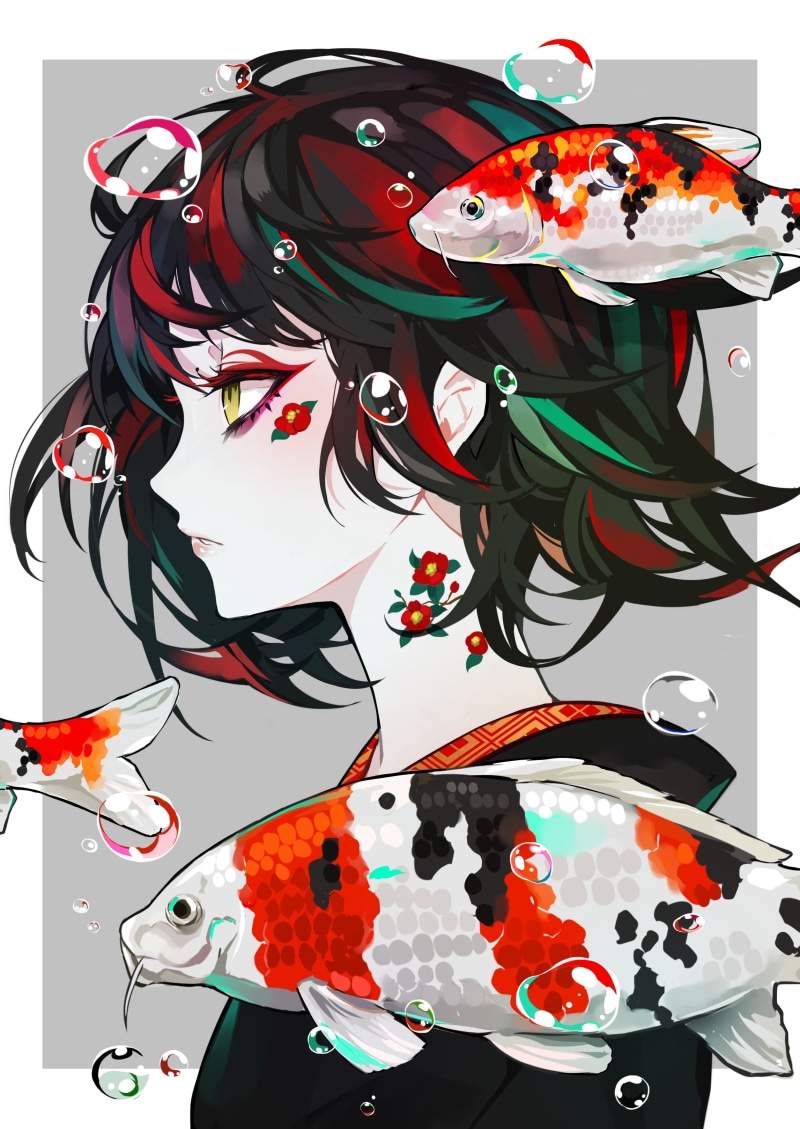 koi, painting, gray background, 2D, side view, profile, original characters, anime girls, digital art, fish, anime, kimono, LAM, 2K, drawing, women, illustration