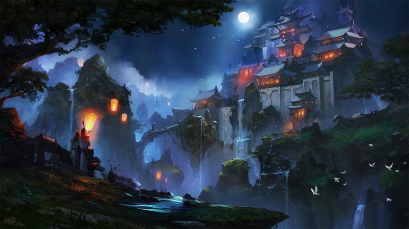 Zudarts Lee, fantastic, rock, landscape, Chinese, paint, castle, mystery, Mountain, painting, art, Korea, building exterior, tree, formation, no people