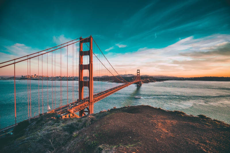 engineering, rock, nature, sky, san, river, francisco, architecture, cloud - sky, sunset, suspension bridge, bridge - man made structure, scenics - nature
