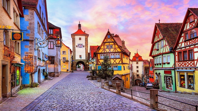 gate tower, bavaria, cobble stones, romantic, village, street view, street, houses, rothenburg ob der tauber, colorful houses, rothenburg, germany, koboldzeller steige
