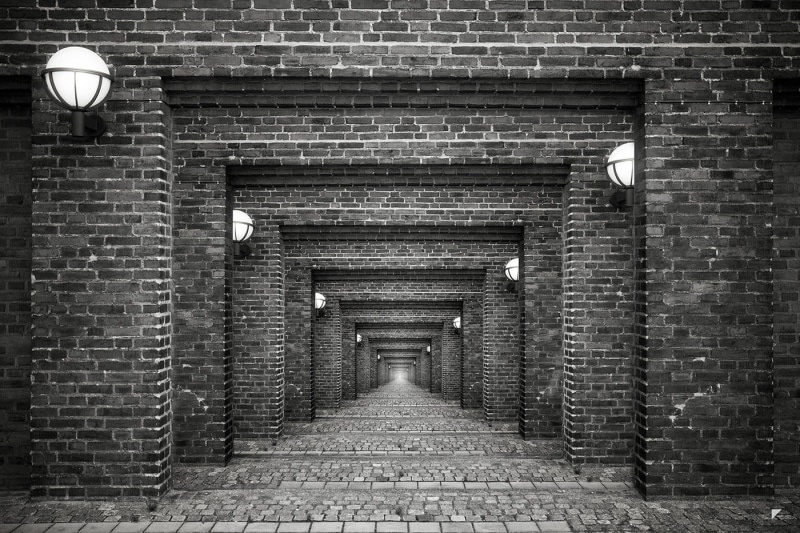 wall, monochrome, 720P, illuminated, no people, bricks, shutter, lights, bricked, brick wall, built structure, brick, footpath, gates, electric lamp, collage