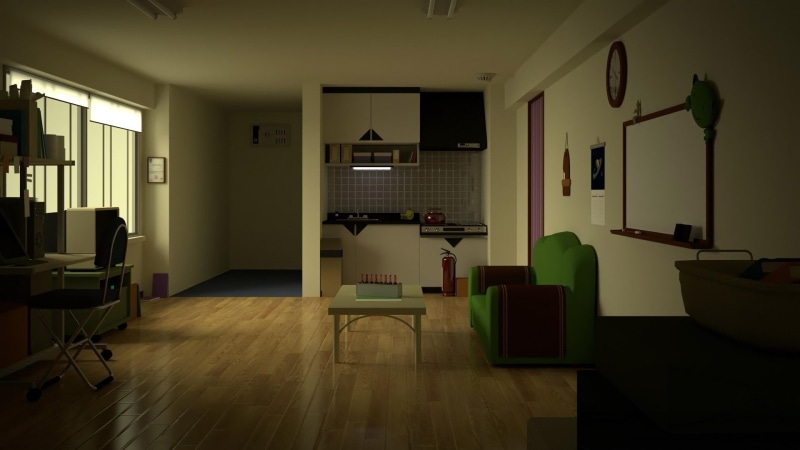 door, electric lamp, absence, table, no people, living room, lighting equipment, domestic room, business, seat, furniture, window, flooring, Steins;Gate