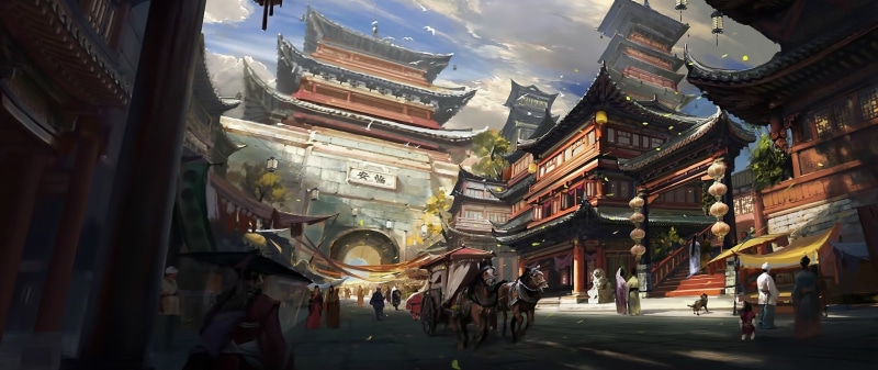 ultra-wide, artwork, digital, day, 2K, pagoda, multicolored, travel destinations, city, building exterior, group of people, belief, China, incidental people