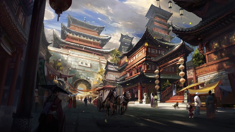 fantasy art, town, fantasy city, China, 1080P, house, street, Asia, artwork, horse, cityscape, digital art, Asian architecture