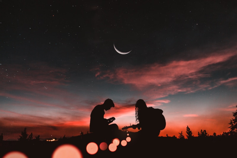 outdoors, adult, summer, real people, lifestyles, black Color, romance, love, sky, moon, woman, night, illustration, 5K, silhouette, cloud - sky, fun