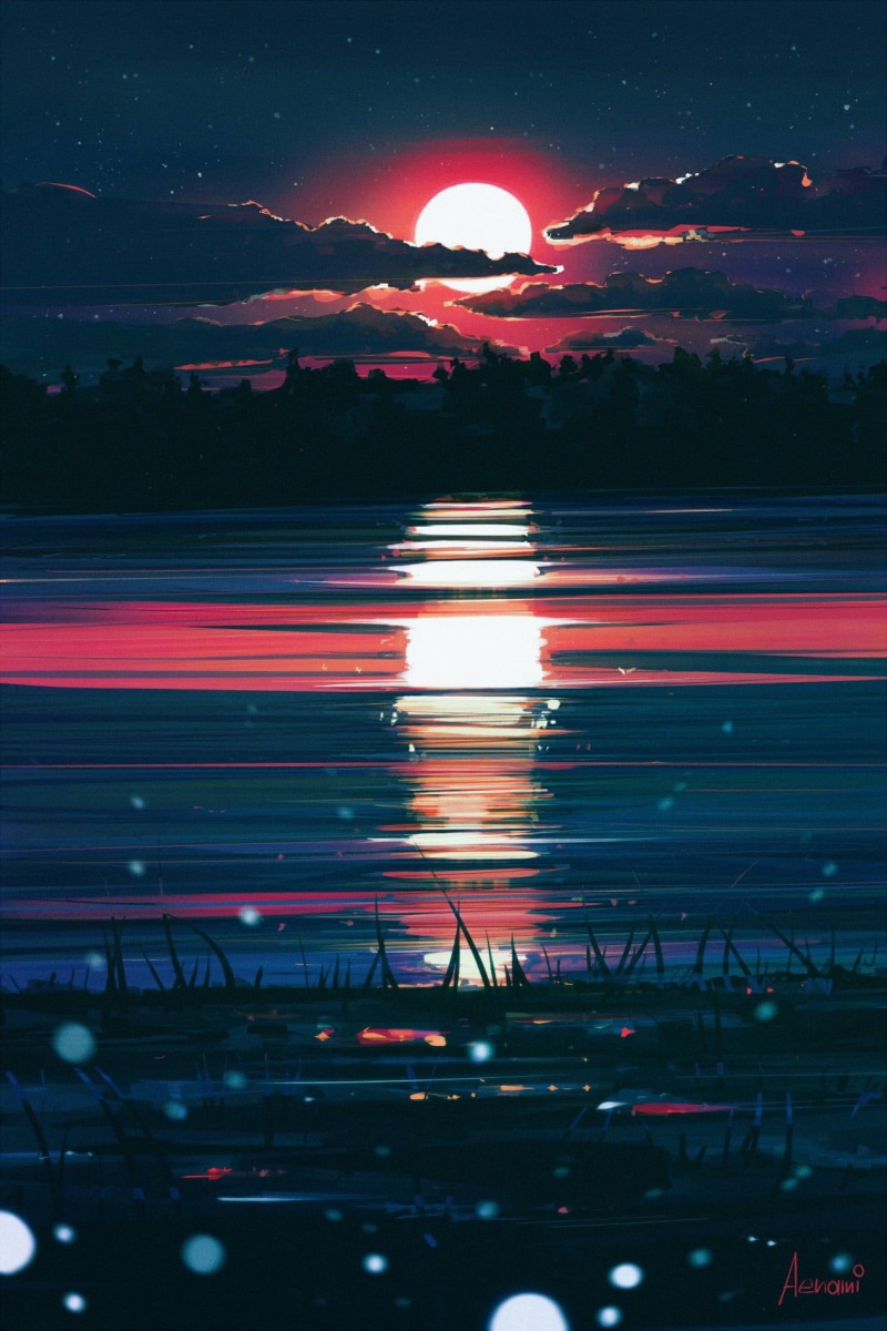 full moon, illuminated, drawing, moonlight, cloud - sky, nature, 720P, beauty in nature, digital art, motion, digital, water, sunset, reflection, grass