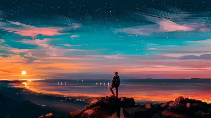 Characters, MrSuicideSheep, The sky, Fantasy, Landscape, Stars, 1080P, by Alena Aenami, Alena Aenam The, Concept Art, Art, People, Sunset, the Way You Are