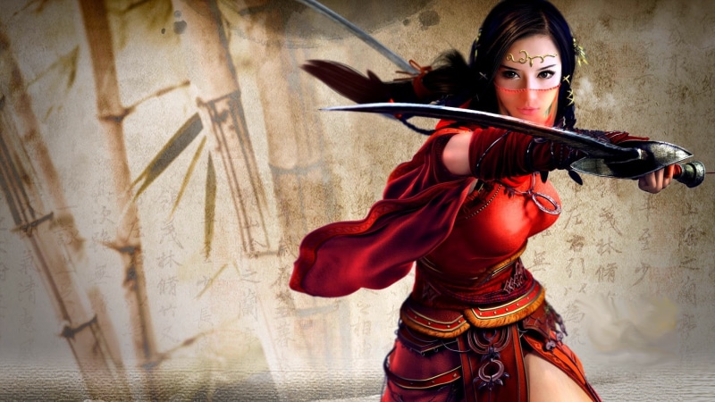 black, hairstyle, clothing, beautiful woman, fantasy girl, adult, young adult, one person, Asian, females, weapon, dress, red, fantasy art, women, sword