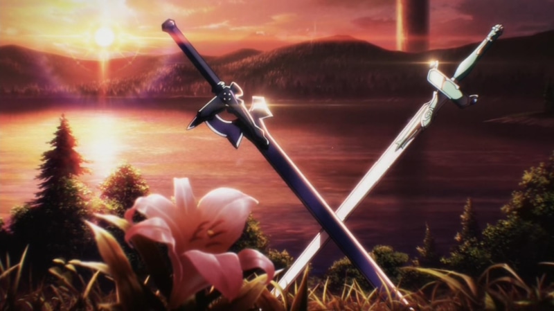 sky, field, two, plant, flower, growth, sunlight, Sword Art Online, gray, protection, beauty in nature, swords, outdoors, nature, flowering plant, water