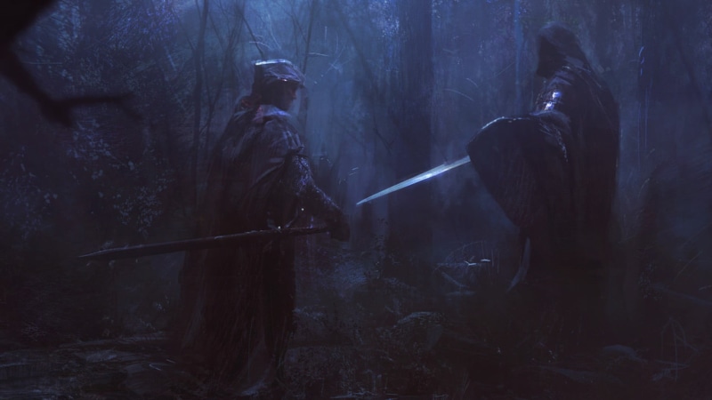 fog, horror, death, spooky, forest, standing, two people, evil, artwork, land, holding, real people, night, surrounded, three quarter length, smoke - Physical Structure