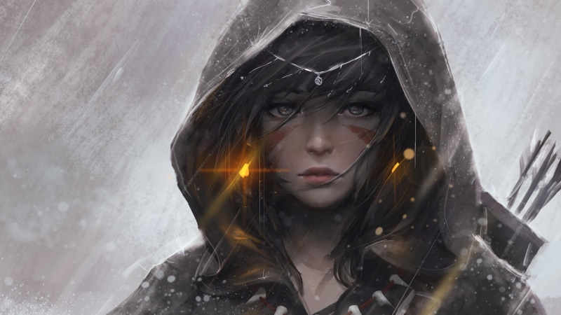 hoods, snow, winter, young women, adult, looking, beautiful woman, snowing, women, looking at camera, fantasy art, 2K, headshot, GUWEIZ, game, hair, portrait