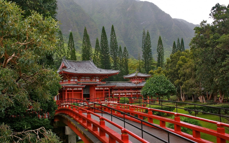trees, scenics, gate, outdoors, temple - Building, mountains, famous Place, cultures, built Structure, 1080P, forest, nature, sky, day, religion, bridge