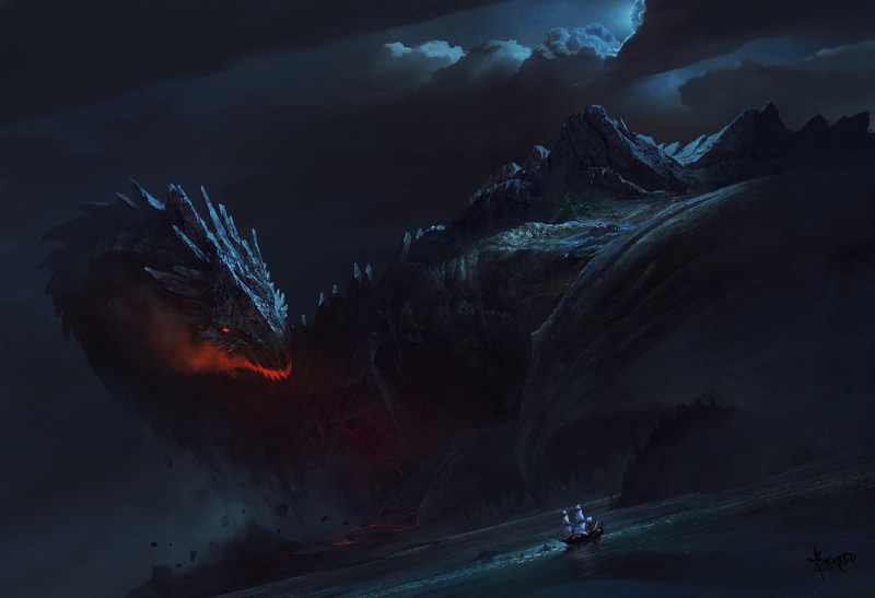 nature, scenics - nature, night, environment, mountain peak, fantasy art, cloud - sky, black, dragon, 720P, mountain range, snowcapped mountain, tranquility