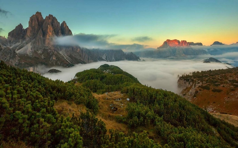 water, idyllic, tree, brown, high angle view, 720P, tranquility, near, plant, mountains, scenics - nature, mountain range, forest, fog, sky, landscape