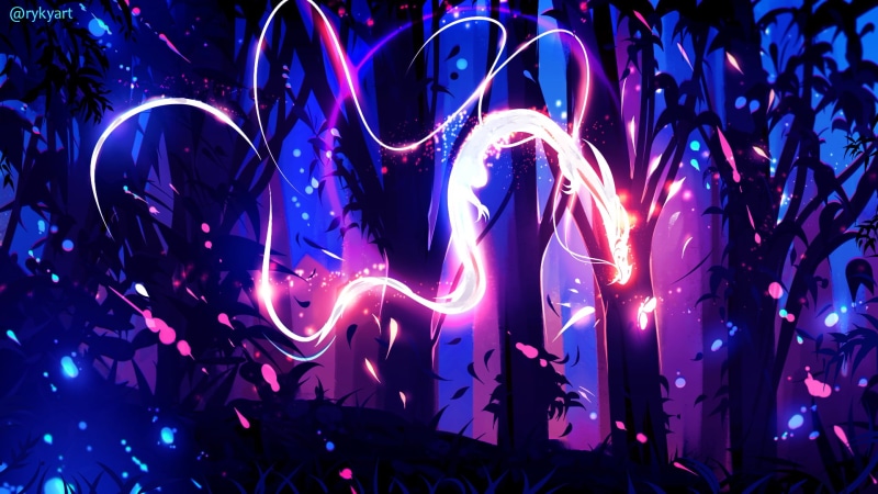 night, digital art, 1080P, ryky, drawing, magic, trees, fantasy art, digital, landscape, dragon, digital painting, lights, artwork, fictional, nature
