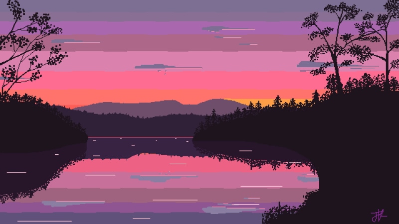 1080P, lake, pixel art, nature, pixelated, landscape, reflection, sunset, clouds, Wavestormed, pixels, digital art, trees