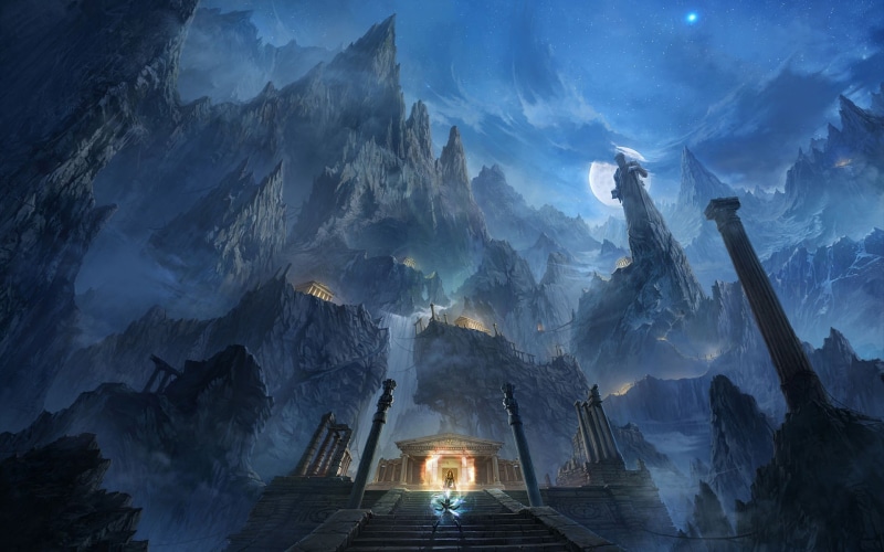 fantasy art, 1080P, mountains, Saint Seiya, Athens, night, artwork, Moon