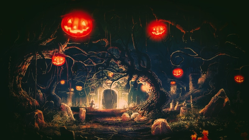  light, creativity, fantasy art, architecture, castle, trees, representation, Halloween, glowing, Terror, light - natural phenomenon, lantern