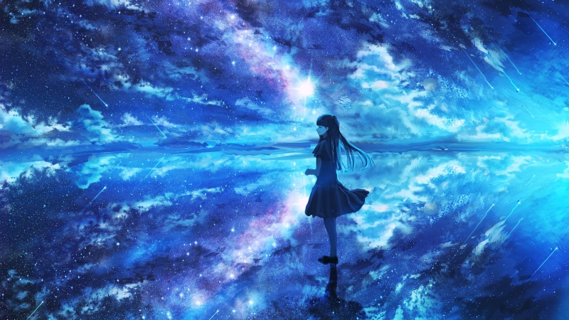 sky, starry night, anime, night sky, reflection, skyscape, illustration, 2K, galaxy, digital art, anime girls, environment, fantasy art, stars, women