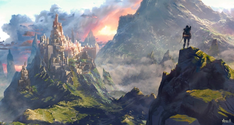  1080P, scenics - nature, land, cloud - sky, environment, fantasy art, people, sky, adult, landscape, full length, mountain, standing, travel