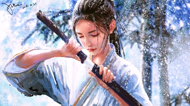 artwork, 4K, warrior, katana, fantasy art, face, women, science fiction, fan art, sword, fantasy girl, samurai, CGI, Asian, snowing, 3D, digital art, people