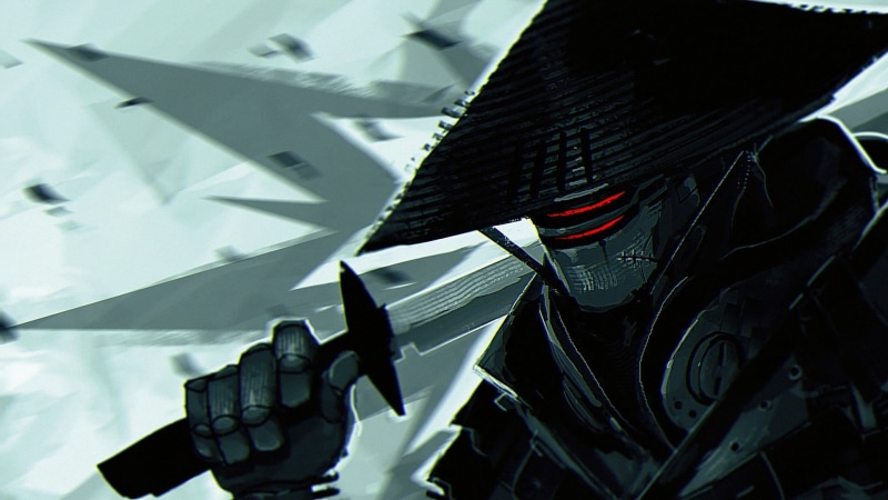person, plant part, no people, Kikuchiyo, sunlight, metal, cyborg, black color, katana, sword, illustration, selective focus, Samurai 7, focus on foreground