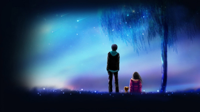 meteor, friends, anime girl, anime boy, night, love, 1080P, anime, girl, boy