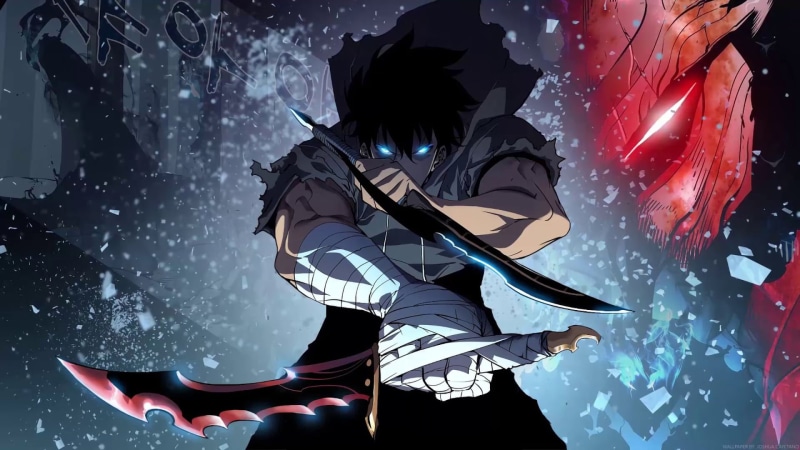 looking at viewer, glowing eyes, 1080P, Solo Leveling, black hair, weapon, Sung Jin Woo, anime boys