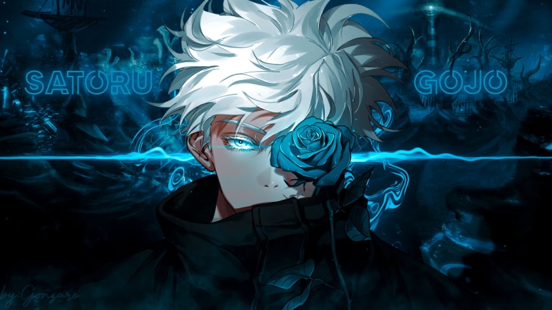 Satoru Gojo, Jujutsukaisen, Jujutsu Kaisen, white hair, anime, blue eyes, 1080P, blue flowers, anime boys