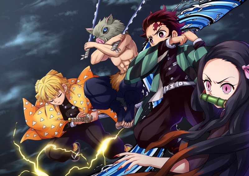 Black Hair, Scar, Long Hair, 1080P, Zenitsu Agatsuma, Pink Eyes, Nezuko Kamado, Weapon, Blue Eyes, Tanjirou Kamado, Inosuke Hashibira, Boy, Demon Slayer: Kimetsu no Yaiba