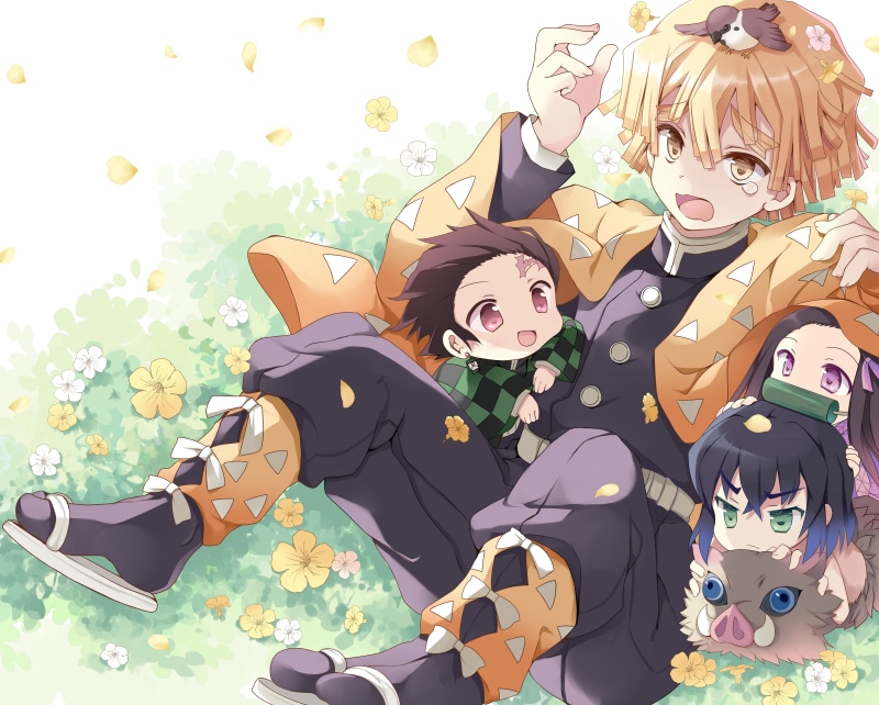 Demon Slayer: Kimetsu no Yaiba, Anime, 5K, Zenitsu Agatsuma, Tanjirou Kamado, Nezuko Kamado