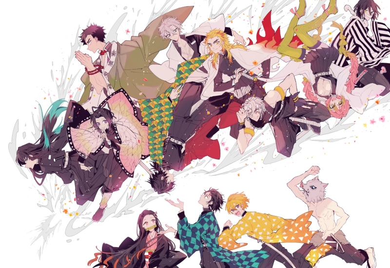 Giyuu Tomioka, Nezuko Kamado, Kyojuro Rengoku, Gyomei Himejima, Mitsuri Kanroji, Zenitsu Agatsuma, Tanjirou Kamado, Tengen Uzui, Sanemi Shinazugawa, Demon Slayer: Kimetsu no Yaiba