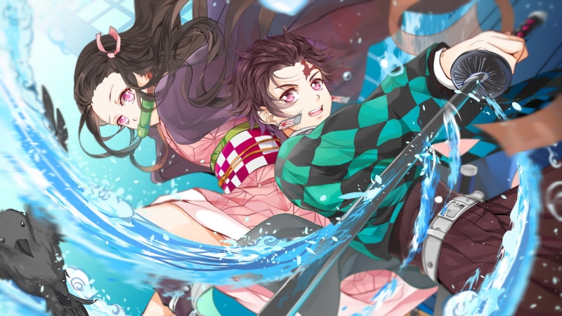 Tanjirou Kamado, Katana, Weapon, Nezuko Kamado, Long Hair, Scar, Brown Hair, Girl, Earrings, Kimetsu no Yaiba, Boy, Anime, 1080P, Belt, Pink Eyes, Demon