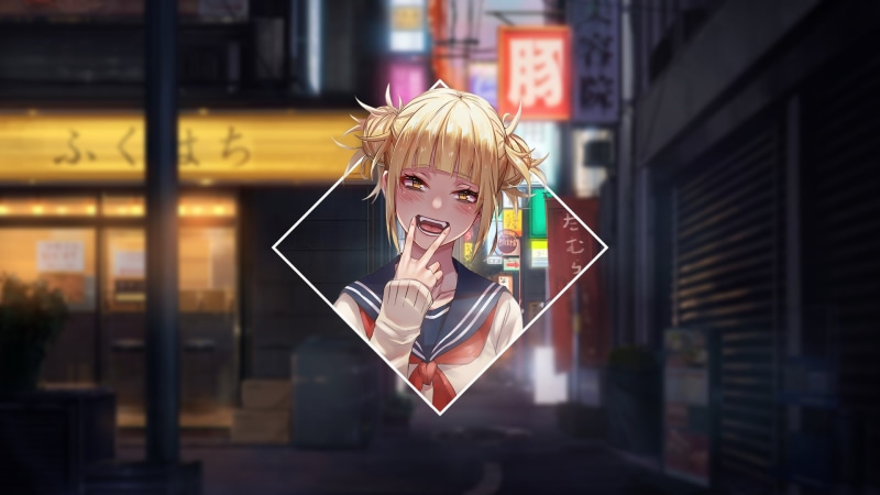 yellow eyes, Himiko Toga, ponytail, 1080P, sweater, orange eyes, render in shapes, blonde, My Hero Acadamia, picture-in-picture, Boku no Hero Academia