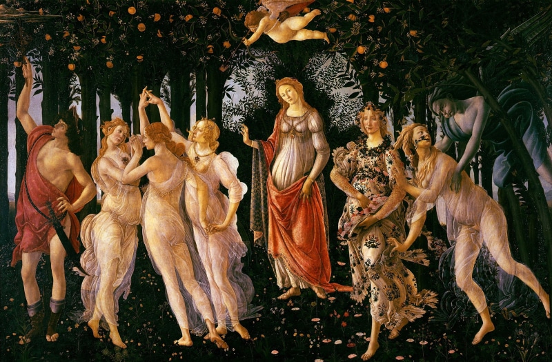 creativity, Sandro Botticelli, belief, standing, tree, Spring, place of worship, mythology, day, nature, man, male likeness, religion, representation, plant