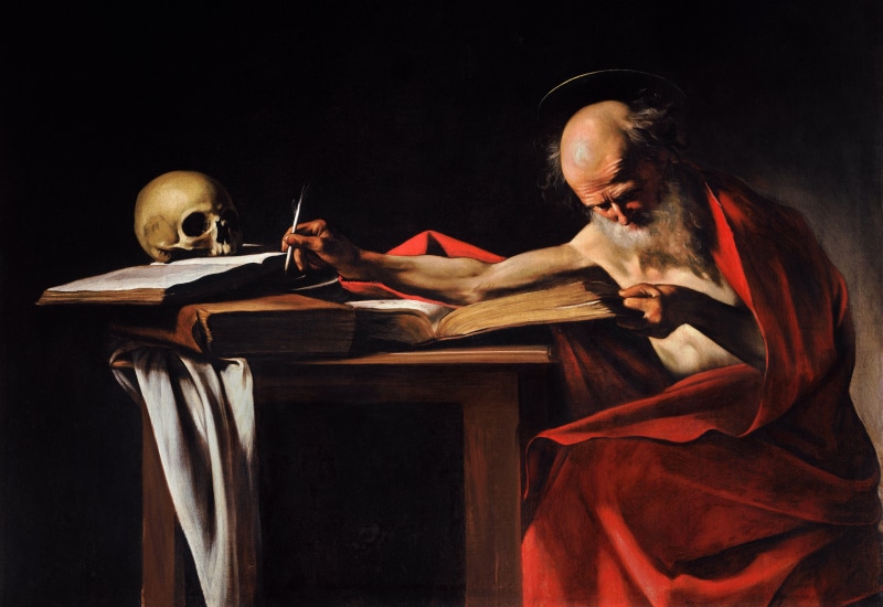book, senior men, mystery, arts culture and entertainment, adult, indoors, men, facial hair, sitting, Caravaggio, weapon, Michelangelo Merisi da Caravaggio